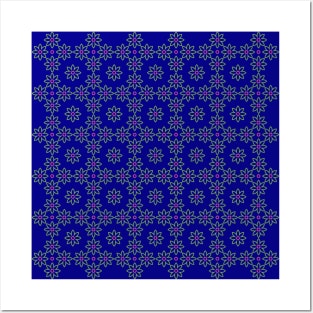 Light green and pink flower pattern on blue background, version 14 Posters and Art